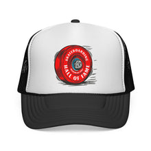 Skateboarding Hall of Fame Trucker Cap — Retro Skate Wheel Design